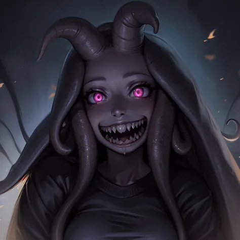 1girl, (black skin:2.5), (tentacle hair:10.0), sharp teeth, smile, glowing eyes, <lora:seaAngels_v10:1>, sengle, <lora:coloredSkinCONCEPT_v219_lycoris:1>
