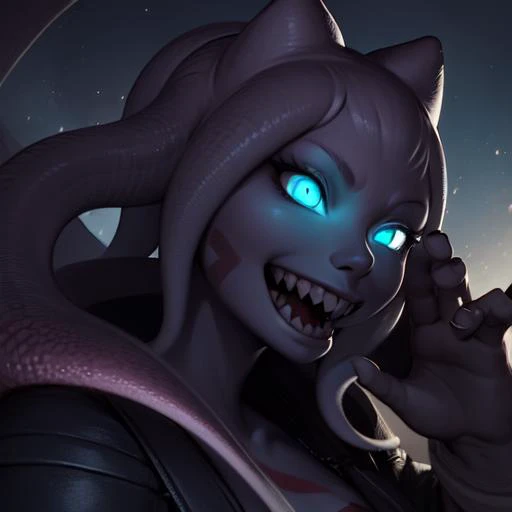 1girl, (black skin:2.5), (tentacle hair:10.0), sharp teeth, smile, glowing eyes, <lora:seaAngels_v10:1>, sengle, <lora:coloredSkinCONCEPT_v219_lycoris:1>