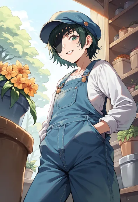 score_9, score_8_up, score_7_up, source_anime, 1girl, solo, looking at viewer, csmhimeno, eyepatch, overalls, long sleeves, bow, flower shop, outdoors, storefront, flower pot, potted plant, shelf, orange flower, hands in pockets, green eyes, white gloves, cabbie hat, from below, dutch angle, smile, parted lips