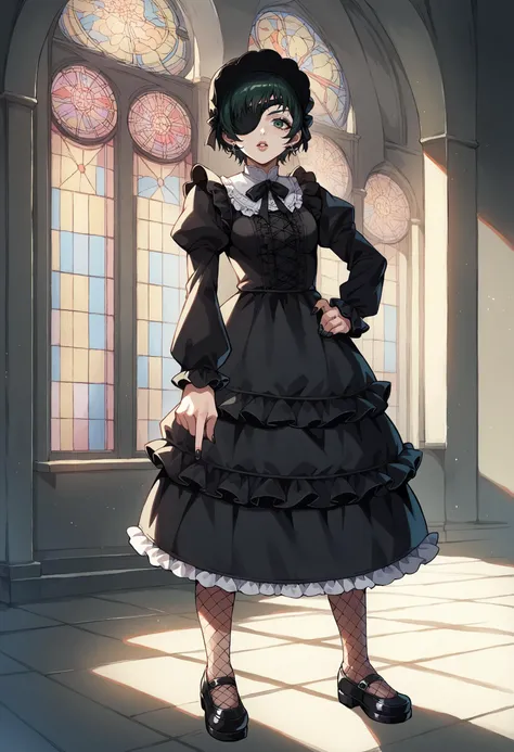 score_9, score_8_up, score_7_up, source_anime, 1girl, solo, looking at viewer, csmhimeno, eyepatch, gothic, goth fashion, black dress, frills, lipstick, eyeshadow, makeup, long sleeves, puffy sleeves, frilled sleeves, fishnets, bonnet, jewelry, earrings, indoors, church, contrapposto, legs apart, standing, green eyes, layered dress, black nails, pantyhose, stained glass, window, full body, mary janes, black footwear, backlighting, hand on own hip, arm at side, middle finger, parted lips