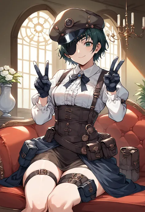 score_9, score_8_up, score_7_up, source_anime, 1girl, solo, looking at viewer, csmhimeno, eyepatch, corset, suspenders, (steampunk), cabbie hat, belt pouch, pouch, indoors, armchair, mansion, vase, (peace sign), hand up, double peace, hands up, cowboy shot, green eyes, gloves, thigh holster, thigh strap, chandelier, light smile, closed mouth