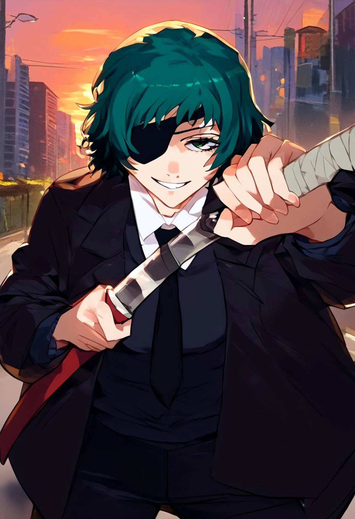 score_9, score_8_up, score_7_up, source_anime, solo, 1girl, csmhimeno, grin, looking at viewer, standing,eyepatch, formal, black jacket, suit jacket, open jacket, long sleeves, white shirt, collared shirt, shirt tucked in, black necktie, black pants, sunset, outdoors, city street <lora:csm_himeno_ponyXL:1>,
IncrsUnsheathingAKatanaMeme, sheath, holding sheath