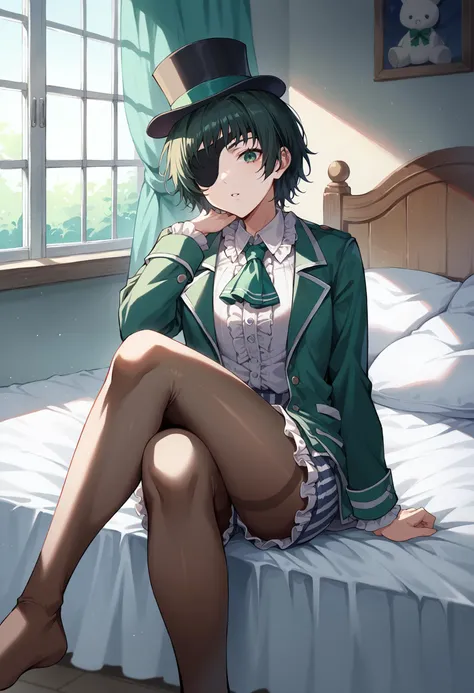 score_9, score_8_up, score_7_up, source_anime, 1girl, solo, looking at viewer, csmhimeno, eyepatch, kodona, collared shirt, hat bow, frills, long sleeves, top hat, jacket, shorts, indoors, bedroom, sitting, crossed legs, green eyes, ascot, frilled collar, pantyhose, striped, striped shorts, window, night sky, stuffed toy, pillow, thighs, on bed, parted lips