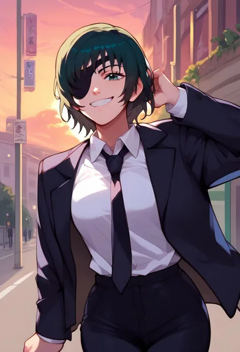 score_9, score_8_up, score_7_up, source_anime, solo, 1girl, csmhimeno, grin, looking at viewer, standing,eyepatch, formal, black jacket, suit jacket, open jacket, long sleeves, white shirt, collared shirt, shirt tucked in, black necktie, black pants, sunset, outdoors, city street <lora:csm_himeno_ponyXL:1>