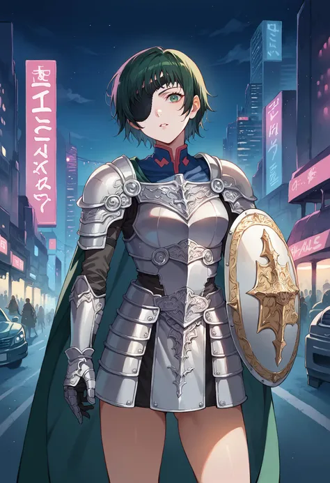 score_9, score_8_up, score_7_up, source_anime, 1girl, solo, looking at viewer, csmhimeno, eyepatch, armor, breastplate, shoulder armor, plate armor, knight, (chainmail), outdoors, city, cyberpunk, contrapposto, legs apart, standing, head tilt, gloves, boobplate, (armored dress), dress, cape, night, city lights, neon lights, skyscraper, cowboy shot, green eyes, shield, holding shield, torn cape, street, car, parted lips