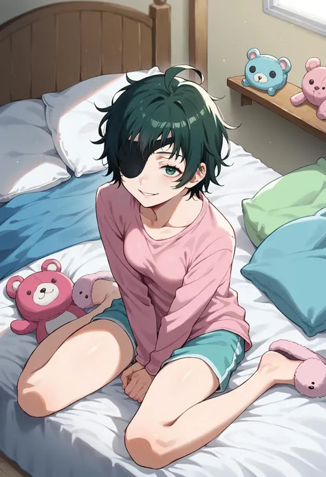 score_9, score_8_up, score_7_up, source_anime, 1girl, solo, looking at viewer, csmhimeno, eyepatch, pajamas, morning hair, sleepy, ahoge, messy hair, indoors, bedroom, wariza, hand between legs, from above, w sitting, green eyes, shorts, pink shorts, slippers, stuffed toy, pillow, messy room, on bed, smile, parted lips