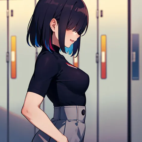 1girl, solo, profile, locker room, indoors, dark, flexing, multicolored hair, medium hair, hair over eyes, thick, hip cutout, high-waist skirt, medium breasts, skin fang<lora:hair_over_eyes:1>