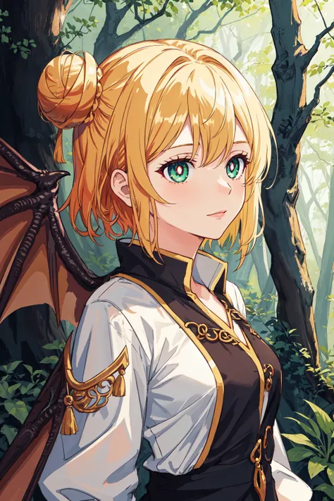 1girl, forest, ((masterpiece)), best quality, perfect face, (perfect anatomy), extremely detailed, dragon girl, dragon horns, dragon wings, dragon tail, bright pupils, gold hair, hair bun, short hair