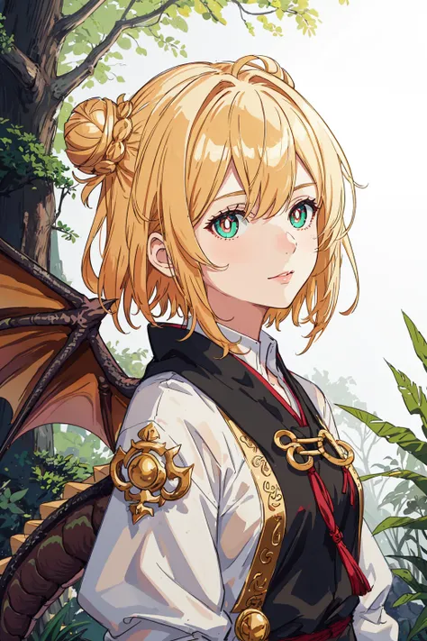 1girl, forest, ((masterpiece)), best quality, perfect face, (perfect anatomy), extremely detailed, dragon girl, dragon horns, dragon wings, dragon tail, bright pupils, gold hair, hair bun, short hair