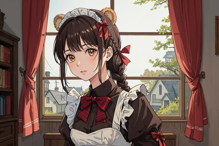 1girl, solo, house, ((masterpiece)), best quality, perfect face, (perfect anatomy), extremely detailed, bear girl, bear tail, bear ears, single braid, hair ribbon, small breasts, maid, jewelry