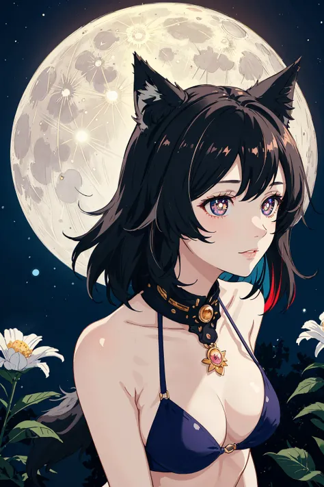 1girl, ((masterpiece)), best quality, perfect face, (perfect anatomy), extremely detailed, wolf girl, wolf ears, wolf tail, ringed eyes, flower-shaped pupils, multicolored hair, medium hair, bikini, bare shoulders, night, full moon, looking away, from above,