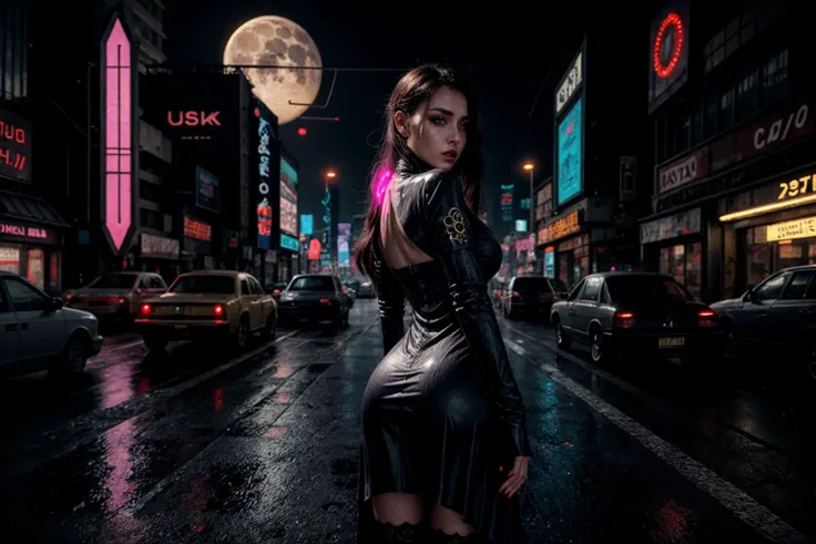 a woman in a purple dress and some men in black and purple outfits and a neon light up background, Enki Bilal, cyberpunk, cyberpunk art, (retrofuturism:1.5), 1girl, building, city, city lights, cityscape, cyberpunk, earth \(planet\), from behind, lens flare, lights, moon, neon lights, night, planet, rain, science fiction, skyscraper, space, thighhighs, underwear, (close-up shot:1.2) (asymmetrical:1.5), (alluring:1.42), (exquisitely seductive:1.34), (sublime:1.42), (fantastically epic:1.34), (masterpiece:1.45), (absurdres:1.62), (8k uhd:1.34), (4k, intricate:1.57), (realistic, photo-realistic:1.37) <lora:add_detail:1>