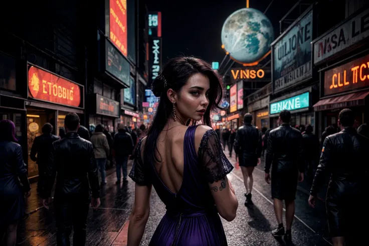 a woman in a purple dress and some men in black and purple outfits and a neon light up background, Enki Bilal, cyberpunk, cyberpunk art, (retrofuturism:1.5), 1girl, building, city, city lights, cityscape, cyberpunk, earth \(planet\), from behind, lens flare, lights, moon, neon lights, night, planet, rain, science fiction, skyscraper, space, thighhighs, underwear, (close-up shot:1.2) (asymmetrical:1.5), (alluring:1.42), (exquisitely seductive:1.34), (sublime:1.42), (fantastically epic:1.34), (masterpiece:1.45), (absurdres:1.62), (8k uhd:1.34), (4k, intricate:1.57), (realistic, photo-realistic:1.37) <lora:add_detail:1>  (fantasticaL:1.3) (whimsical_detail:1.4)