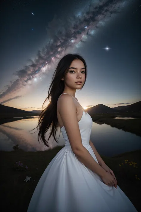 1girl, detailed space-themed, best quality, elegant, Fluffy [Funny:Beautiful:10] ([Antigua and Barbuda|Marsh]:1.3) in the distance there is a Castle, desolate flora with Apple tree, Stars in the sky, Fearful, stylized, kinetic art, Beautifully Lit, Depth of field 100mm, Provia, Elegant, Navy Blue dust particles, Highres, trending on CGSociety, stars, galaxies