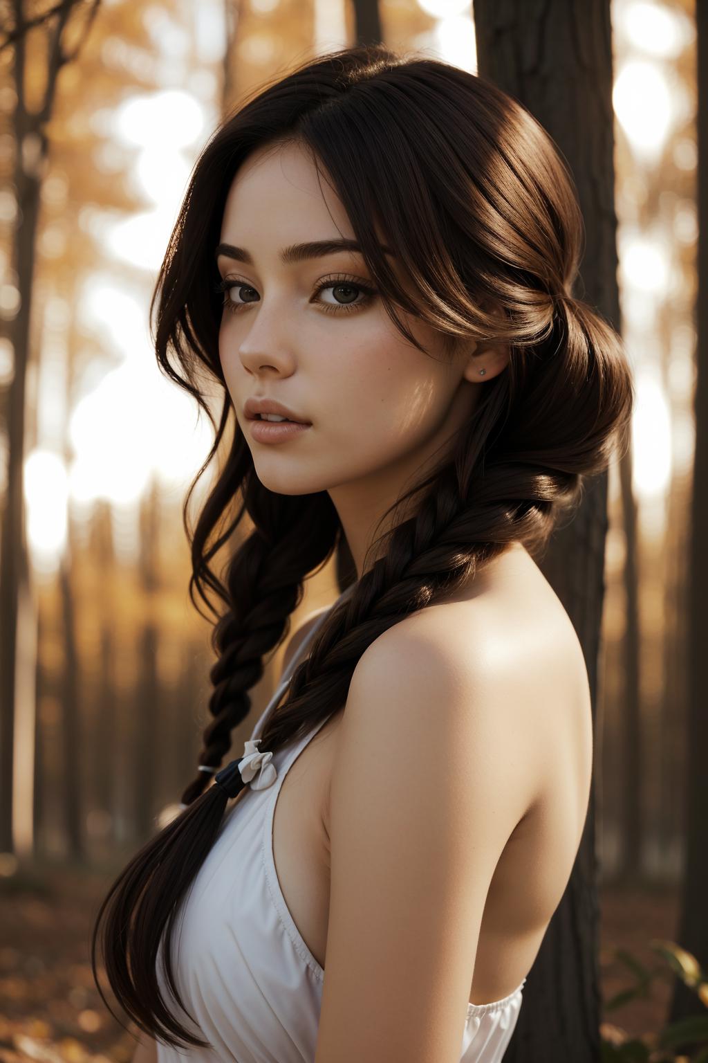 A woman with long hair and a white dress in a forest - SeaArt AI