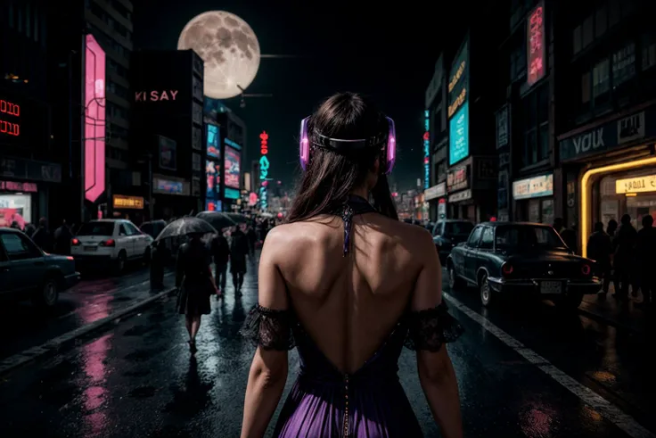 a woman in a purple dress and some men in black and purple outfits and a neon light up background, Enki Bilal, cyberpunk, cyberpunk art, (retrofuturism:1.5), 1girl, building, city, city lights, cityscape, cyberpunk, earth \(planet\), from behind, lens flare, lights, moon, neon lights, night, planet, rain, science fiction, skyscraper, space, thighhighs, underwear, (close-up shot:1.2) (asymmetrical:1.5), (alluring:1.42), (exquisitely seductive:1.34), (sublime:1.42), (fantastically epic:1.34), (masterpiece:1.45), (absurdres:1.62), (8k uhd:1.34), (4k, intricate:1.57), (realistic, photo-realistic:1.37) <lora:add_detail:1>  (fantasticaL:1.3) (whimsical_detail:1.4)