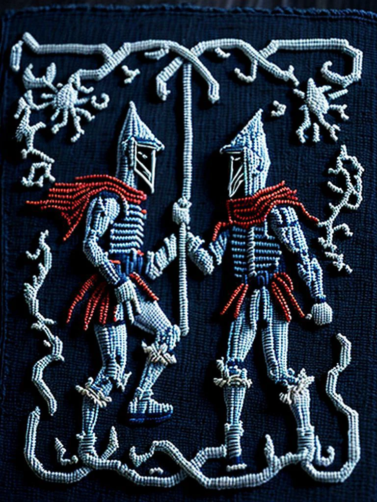 <lora:NEEDLEPOINT:1>NEEDLEPOINT style Two knights battling in fire and an embroidered ornament along the perimeter look vintage, authentic,