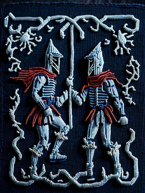 <lora:NEEDLEPOINT:1>NEEDLEPOINT style  Two knights battling in fire and an embroidered ornament along the perimeter look vintage, authentic,