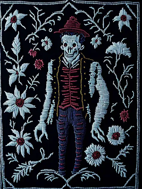 <lora:NEEDLEPOINT:1>NEEDLEPOINT style primitive embroidered classic sampler of the 19th century. gothpunk authentic man, white and Wine, with flowers and an embroidered ornament along the perimeter look vintage, authentic,