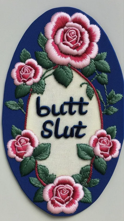 <lora:Needlepoint:1> needlepoint (centered sign cursive text that reads "BUTT SLUT":1.15)
BREAK intricate floral roses design with border by Maria Prymachenko, detailed, 8k