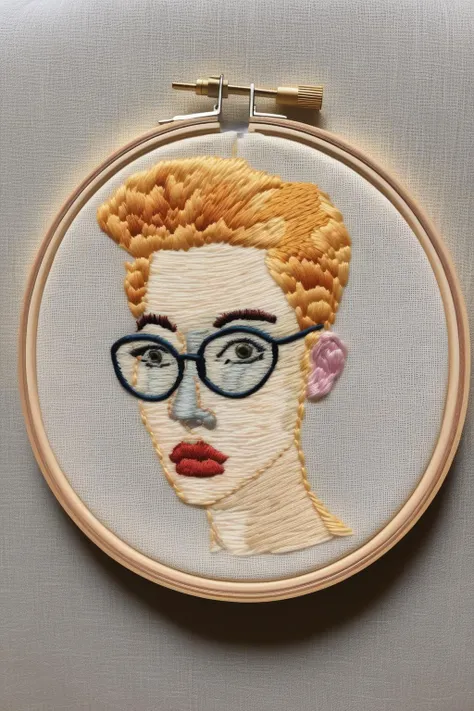 <lora:Needlepoint:1>Needlepoint - non-binary self portrait in embroidery, embroidery hoop, middle age, pensive cautious optimism, portrait reflecting their best self, soft pallette, i will not drown in the liqueur of safety