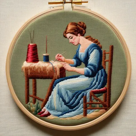 a photo of <lora:Needlepoint:1>Needlepoint - 8k, very simple, of a woman sitting down doing needle point