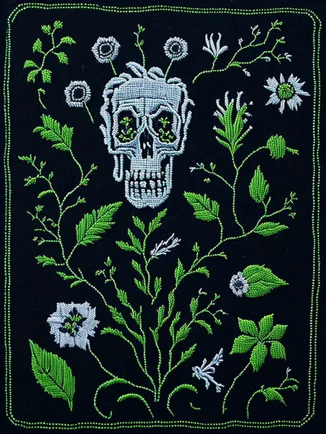 <lora:NEEDLEPOINT:1>NEEDLEPOINT style primitive embroidered classic sampler of the 19th century. post-apocalypticpunk authentic man, white and Electric lime, with flowers and an embroidered ornament along the perimeter look vintage, authentic,