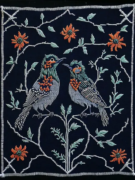 <lora:NEEDLEPOINT:1>NEEDLEPOINT style primitive embroidered classic sampler of the 19th century. Two birds on a vase with flowers and an embroidered ornament along the perimeter look vintage, authentic,