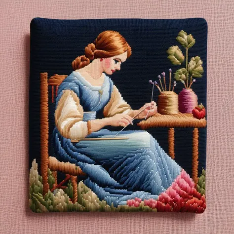 a photo of <lora:Needlepoint:1>Needlepoint - 8k, very simple, of a woman sitting down doing needle point