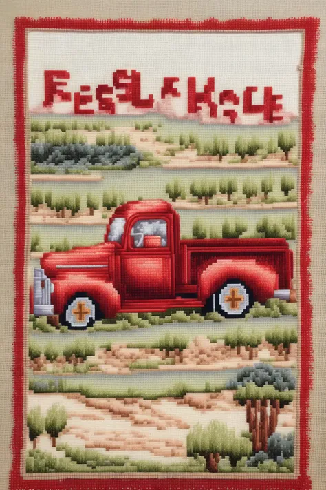 <lora:Needlepoint:1>Needlepoint - a coarse cross-stitch of a big ol' red truck driving from Vegas to Nashville