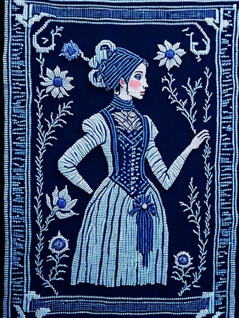 <lora:NEEDLEPOINT:1>NEEDLEPOINT style primitive embroidered classic sampler of the 19th century. cyberpunk authentic woman, white and Sapphire, with flowers and an embroidered ornament along the perimeter look vintage, authentic,