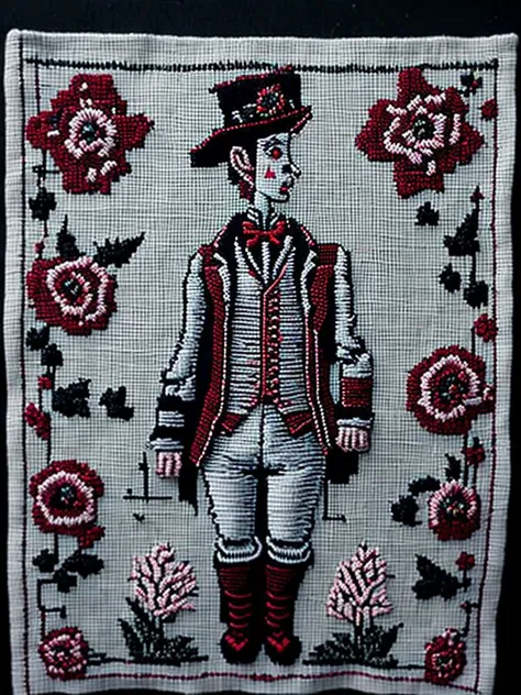 <lora:NEEDLEPOINT:1>NEEDLEPOINT style primitive embroidered classic sampler of the 19th century. steampunk authentic man, white and Liver, with flowers and an embroidered ornament along the perimeter look vintage, authentic,