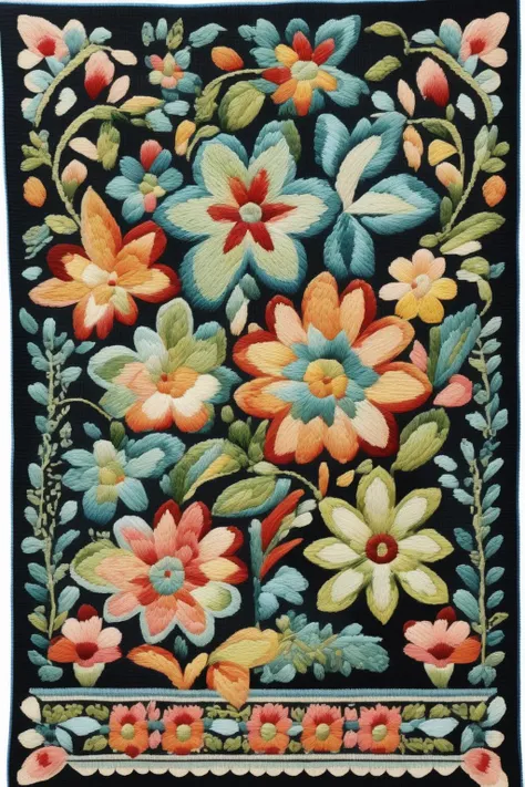 <lora:Needlepoint:1>Needlepoint - Create a needlepoint with intricate floral design with border by Mary Englebreit.