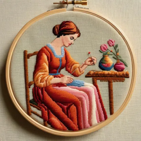 a photo of <lora:Needlepoint:1>Needlepoint - 8k, very simple, of a woman sitting down doing needle point