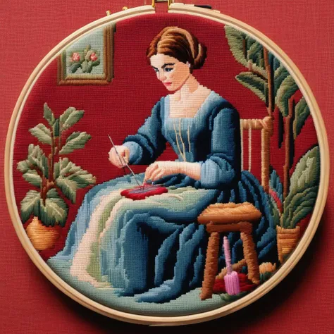 a photo of <lora:Needlepoint:1>Needlepoint - 8k, very simple, of a woman sitting down doing needle point