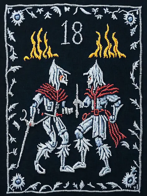 <lora:NEEDLEPOINT:1>NEEDLEPOINT style primitive embroidered classic sampler of the 19th century. Two knights battling in fire and an embroidered ornament along the perimeter look vintage, authentic,