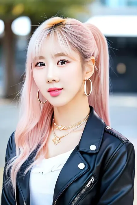 8K, (best quality:1.2), (masterpiece:1.37), (photo, photorealistic:1.37), (ultra high-res), super realistic,ambient  light,ray tracing,sunlight
detailed background, outdoors,downtown street, 
1girl,solo,close-up,tsundere,
(facing to camera):1.2,looking at camera,
opened black moto jacket,white tube top,
platinum pink hair,(high ponytail),
silver necklace,golden hoop earrings,
a photo of kimyoohyeon, <lora:Yoohyeon_V2:1>