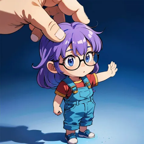 (masterpiece:1.4, best quality:1.4, higres, 8k, UHD, real picture:1.4), insanely detailed, distinct image,
(((chibi, big head, small body, (full body)))), norimaki arale, arale, glasses, blue eyes, long hair, purple hair, short sleeves, wing hat, wing cap, red shirt, blue overalls,
(1girl, female), perfect anatomy, detailed hair, detailed face, detailed skin, detailed eyes, <lora:arale:0.7>