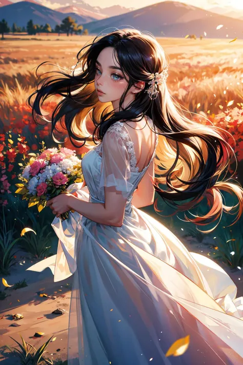 (8K, HDR, highres), ((((Photography, RAW photo, hyperrealism, masterpiece, best quality, ultra highres)))), (pin light, back light, backlighting, cinematic light), sharp focus:1. 4, (hyper detail, finely detailed), full body,
1girl, In a field of reeds where the wind blows as the sun sets, there stands a girl in a wedding dress. The dress is a flowing white gown that catches the breeze and dances with the wind. The girl's hair is loose and tousled, and she holds a bouquet of wildflowers in her hands. As the sun sets behind her, casting a warm golden light over the field, she stands tall and serene, like a vision of beauty and grace,
Oval-shaped face,
Large and pretty cat-like eyes with thick eyelashes,
Pointy nose,
Small and pretty but plump lips,
Thick eyebrows,
Long and pretty eyelashes,
Transparent makeup with a touch of pink blush and sparkling lip gloss,
black Long wavy hairstyle,
<lora:GoodHands-beta2:1>, <lora:tangbohu-detailer_1.0:0.6>