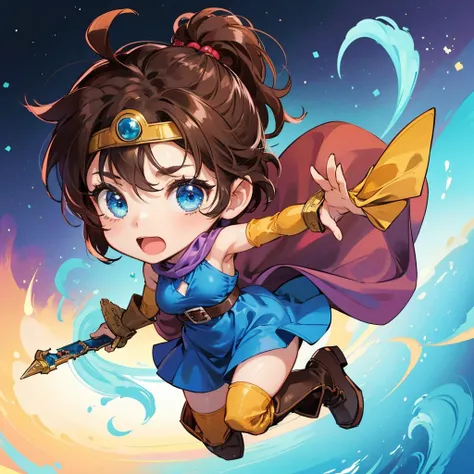 (masterpiece:1.4, best quality:1.4, higres, 8k, UHD, real picture:1.4), insanely detailed, distinct image,
(((chibi, big head, small body, (full body)))), roto (dq3), short hair, brown hair, blue eyes, circlet, large breasts, cleavage, strapless, blue dress, purple cape, thighhighs, gloves, boots, belt, scabbard, knee boots,
(1girl, solo, female), perfect anatomy, detailed hair, detailed face, detailed skin, detailed eyes, <lora:DQ3ROTO:0.8>