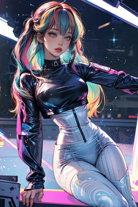 (8K, HDR, highres), ((((hyperrealism, masterpiece, best quality, ultra highres)))), (pin light, cinematic light, backlighting), (hyper detail, finely detailed),
magical realism,  still, (((full body:1.5, wide shot:1.5))), 
((outdoor stage, night sky, ((dancing)), (dances gracefully, illuminated by the backlight))), 
((holographic:0.8, MADE OF IRIDESCENT FOIL holographic Shift Dress, Diamond-patterned stockings)), 
((((colorful hair:1.5, afro)))), large breasts:0.3, Natural breasts:0.3, (slim waist, wide hip:1.2, large pelvis:1.3), (thick thighs and legs), sweating profusely:1.4, 
((detailed beautiful face)), (perfect eyes, detailed eyes), (detailed facial features), beautiful and clear eyes, detail eye pupil, lipgloss, (Eyelashes:1.4), detailed hair,  glossy, perfect hands,
ecstasy_face, (Korean:1.4, japanese:1.3), tight, cameltoe,  pubic hair, 
linear earrings, amulet,
<lyco:GoodHands-beta2:0.8>, <lyco:tangbohu-detailer_1.0:0.5>, <lyco:[NSFW]NaturalLargeBreasts:0.3>, pureerosface_v1:0.15, <lyco:koreanDollLikeness:0.15>, 
 <lyco:twicesana-v1:0.7>,  <lyco:akinanakamori:0.3>, <lyco:Holographic-V1-000020:1> , <lyco:eGirls_v3:1>,