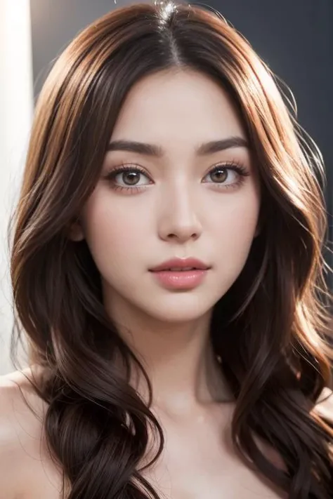 (8K, HDR, highres), ((((Photography, RAW photo, hyperrealism, masterpiece, best quality, ultra highres)))), (pin light, back light, backlighting, cinematic light), sharp focus:1. 4, (hyper detail, finely detailed), face close-up, close-up,
1girl, Oval-shaped face,
Large and pretty cat-like eyes with thick eyelashes,
Pointy nose,
Small and pretty but plump lips,
Thick eyebrows,
Long and pretty eyelashes,
Transparent makeup with a touch of pink blush and sparkling lip gloss,
Long wavy hairstyle,