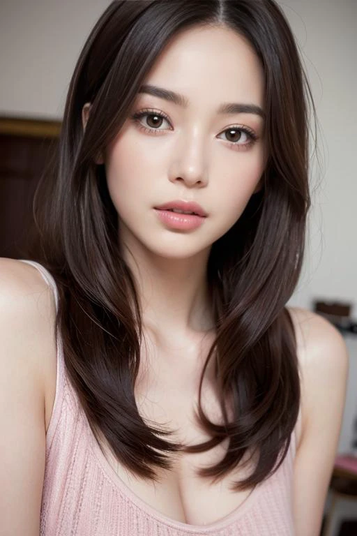 (8K, HDR, highres), ((((Photography, RAW photo, hyperrealism, masterpiece, best quality, ultra highres)))), (pin light, back light, backlighting, cinematic light), sharp focus:1. 4, (hyper detail, finely detailed), face close-up, close-up,
1girl, A face shaped like an egg, with large and beautiful cat-like eyes, a cute and button-like nose, small and pretty plump lips, thick eyebrows and long and beautiful eyelashes. The overall makeup is transparent, with a touch of pink on the cheeks and sparkling lip gloss. The hairstyle is long with wavy waves.