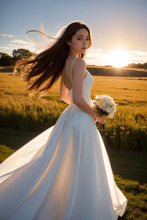 (8K, HDR, highres), ((((Photography, RAW photo, hyperrealism, masterpiece, best quality, ultra highres)))), (pin light, back light, backlighting, cinematic light), sharp focus:1. 4, (hyper detail, finely detailed), full body,
1girl, In a field of reeds where the wind blows as the sun sets, there stands a girl in a wedding dress. The dress is a flowing white gown that catches the breeze and dances with the wind. The girl's hair is loose and tousled, and she holds a bouquet of wildflowers in her hands. As the sun sets behind her, casting a warm golden light over the field, she stands tall and serene, like a vision of beauty and grace.