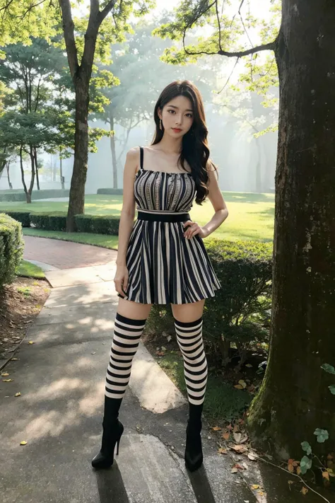 (8K, HDR, highres), ((((Photography, RAW photo, hyperrealism, masterpiece, best quality, ultra highres)))), (pin light, back light, backlighting, cinematic light), sharp focus:1. 4, (hyper detail, finely detailed),
1girl, A mystical forest shrouded in mist, with dense foliage. The soft light filtering through the trees creates an atmosphere of mystery and tranquility. (Mystical mist) (Dense foliage) (Soft light) (Tranquility), sunset:1.3, magical realism,  still, korean:1.3, japanese:1.2, full body, standing, 
pointy hair, large breasts:0.3, Natural breasts:0.3, (slim waist:1.1), (wide hip, large pelvis:1.2), (hip_up:1.1), (thick thighs and legs:0.9), 
((detailed beautiful face)), (perfect eyes, detailed eyes), (detailed facial features), beautiful and clear eyes, detail eye pupil, lipgloss, (Eyelashes:1.4), detailed hair, (((hair over one eye))), glossy, perfect hands, oiledwet:1.4,
(((Striped Dress:1.5, Thigh-high socks))), tight, (((pubic hair:1.5, cameltoe, high heels))), 
line earrings, amulet, shoulder bag, 
<lora:more_details:0.3>, <lora:[NSFW]NaturalLargeBreasts:0.3>, pureerosface_v1:0.15, <lora:JapaneseDollLikeness_v15:0.25>, <lora:koreanDollLikeness_v15:0.25>, <lora:faceA-05:0.2>, <lora:promptsgirl_v3:0.15>,  <lora:GoodHands-beta2:1>,