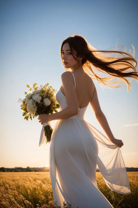 (8K, HDR, highres), ((((Photography, RAW photo, hyperrealism, masterpiece, best quality, ultra highres)))), (pin light, back light, backlighting, cinematic light), sharp focus:1. 4, (hyper detail, finely detailed), full body,
1girl, In a field of reeds where the wind blows as the sun sets, there stands a girl in a wedding dress. The dress is a flowing white gown that catches the breeze and dances with the wind. The girl's hair is loose and tousled, and she holds a bouquet of wildflowers in her hands. As the sun sets behind her, casting a warm golden light over the field, she stands tall and serene, like a vision of beauty and grace.
