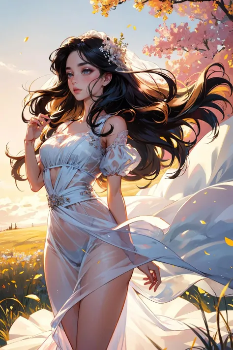 (8K, HDR, highres), ((((Photography, RAW photo, hyperrealism, masterpiece, best quality, ultra highres)))), (pin light, back light, backlighting, cinematic light), sharp focus:1. 4, (hyper detail, finely detailed), full body,
1girl, In a field of reeds where the wind blows as the sun sets, there stands a girl in a wedding dress. The dress is a flowing white gown that catches the breeze and dances with the wind. The girl's hair is loose and tousled, and she holds a bouquet of wildflowers in her hands. As the sun sets behind her, casting a warm golden light over the field, she stands tall and serene, like a vision of beauty and grace,
Oval-shaped face,
Large and pretty cat-like eyes with thick eyelashes,
Pointy nose,
Small and pretty but plump lips,
Thick eyebrows,
Long and pretty eyelashes,
Transparent makeup with a touch of pink blush and sparkling lip gloss,
black Long wavy hairstyle,
<lora:GoodHands-beta2:1>, <lora:tangbohu-detailer_1.0:0.6>