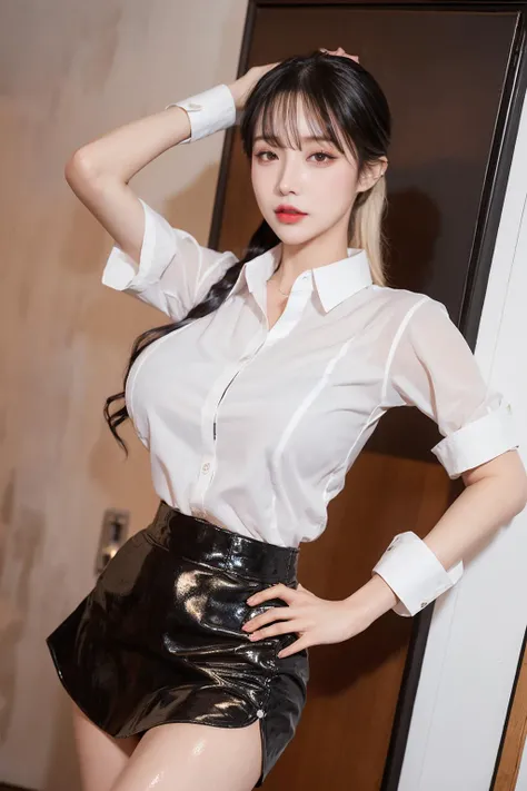 (korean idol), (beautiful korean girl), (realistic), (best quality), (masterpiece), (8k, best quality, masterpiece:1.2), ultra-detailed, cute, curvy, in night office,
((large breasts:0.8, breasts apart:1.3)), ((slim waist, wide hip, large pelvis:1.2)), (thick thighs and legs:1.2), beautiful detailed eyes, Eyelashes:1.4, (gloss, glossy), soggy wet, soggy sweat, (prom hairstyle), (((standing pose:1.2, cowboy shot:1.3))), view from below, between legs,
(collared shirt:1.1), (((business attire, black mini skirt, white shirts))),
pureerosface_v1:0.2, ulzzang-6500-v1.1:0.2, <lyco:koreanDollLikeness:0.25> <lyco:MFM_V7:0.75>