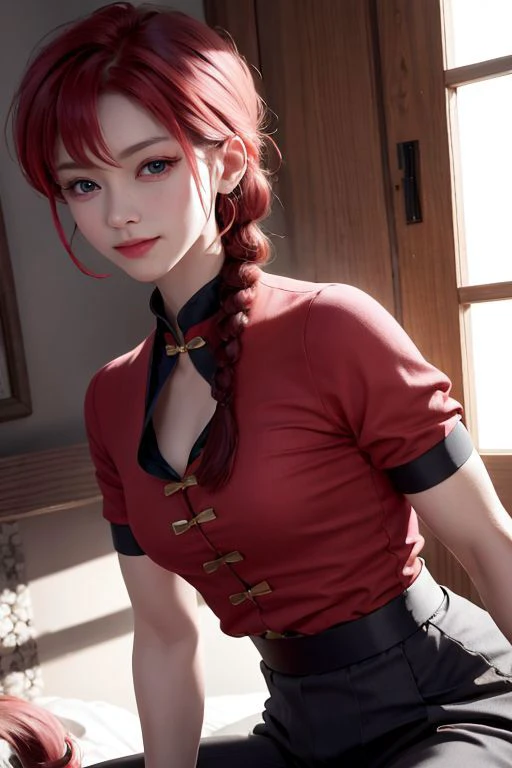 8k, real picture, intricate details, ultra-detailed,(photorealistic), 
<lora:RanmaChanV2:0.6> RanmaChan,  red hair,  ranma-chan, pants, tangzhuang, red shirt, blue eyes, braided ponytail, black pants, high-waist pants, blush, shirt, braid,  short sleeves, chinese clothes,  bangs, hair between eyes,  single braid,  smile,
detailed (wrinkles, folds!, viens, skin imperfections:0.1),
<lora:beautifuleyeslikeness_purefacelikeness:0.01> finely detailed beautiful eyes, close-up, small eyes, look at viewer,
<lora:hipoly3DModelLora_v10:0.2>,