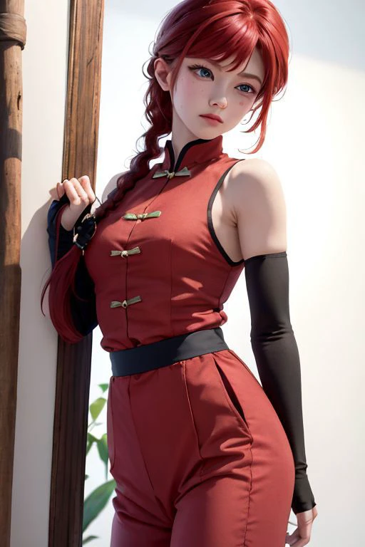 8k, real picture, intricate details, ultra-detailed,(photorealistic),
<lora:RanmaChanV2:0.6> RanmaChan, red hair, ranma-chan, pants, tangzhuang, red shirt, blue eyes, braided ponytail, black pants, high-waist pants, blush, shirt, braid, short sleeves, chinese clothes, bangs, hair between eyes, single braid,
detailed (wrinkles, folds!, viens, skin imperfections:0.1),
<lora:beautifuleyeslikeness_purefacelikeness:0.01> finely detailed beautiful eyes, close-up, small eyes, look at viewer,
<lora:hipoly3DModelLora_v10:0.2>,